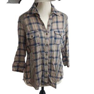 BKE Button Down Shirt Plaid Crochet Knit Boho Grunge 3/4 Sleeve Womens Size S
